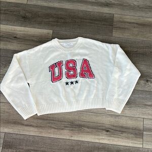 White Crew Neck Sweater with USA Design